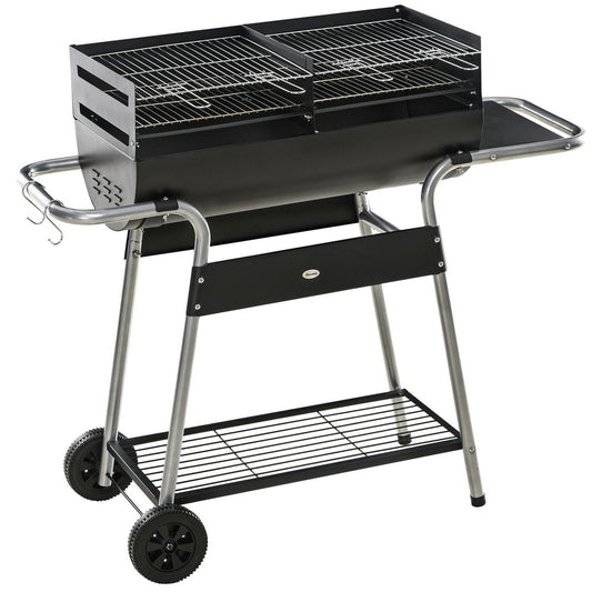 Charcoal BBQ Grill with Double Grill, Table, Storage Shelf and Wheels