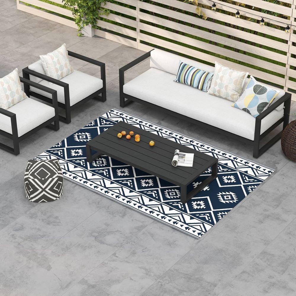 Dark Blue Reversible Waterproof Outdoor Rug with Carry Bag