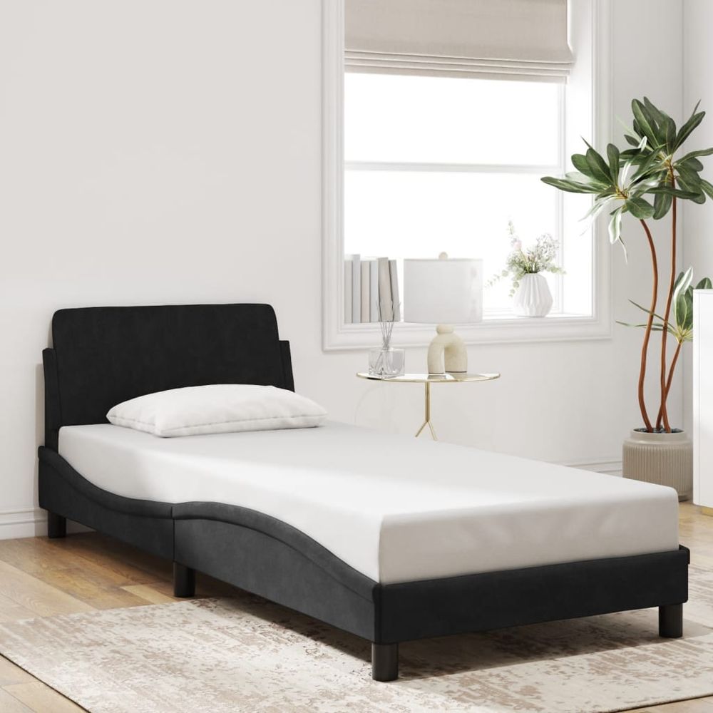 Black Velvet Single Bed Frame with Headboard