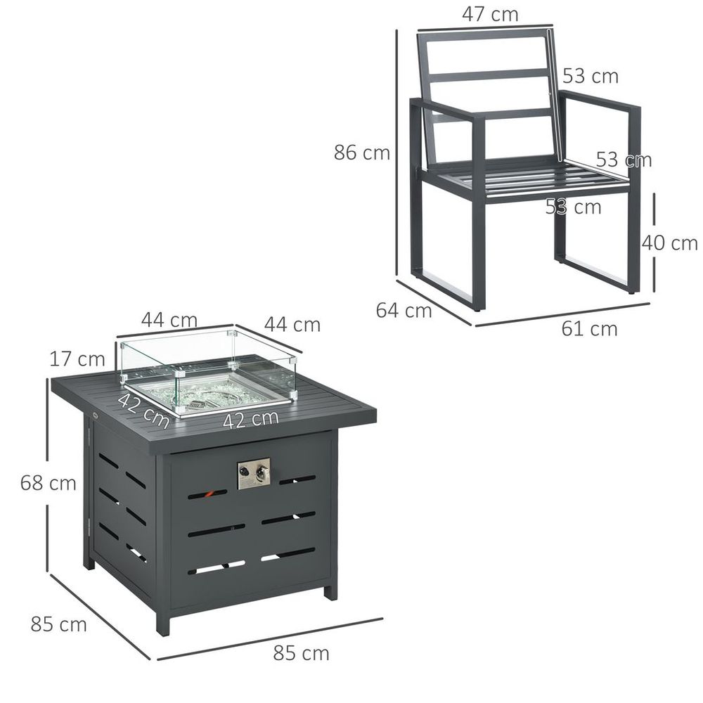 Four Seater Garden Furniture Set with Gas Firepit Table dimensions view